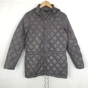 Lauren Ralph Lauren Long Down Puffer Coat Gray Hooded Packable Women’s Size XS